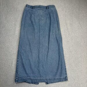Vintage British Khaki Skirt Womens 12 Blue Denim Maxi Button Slit High Waist